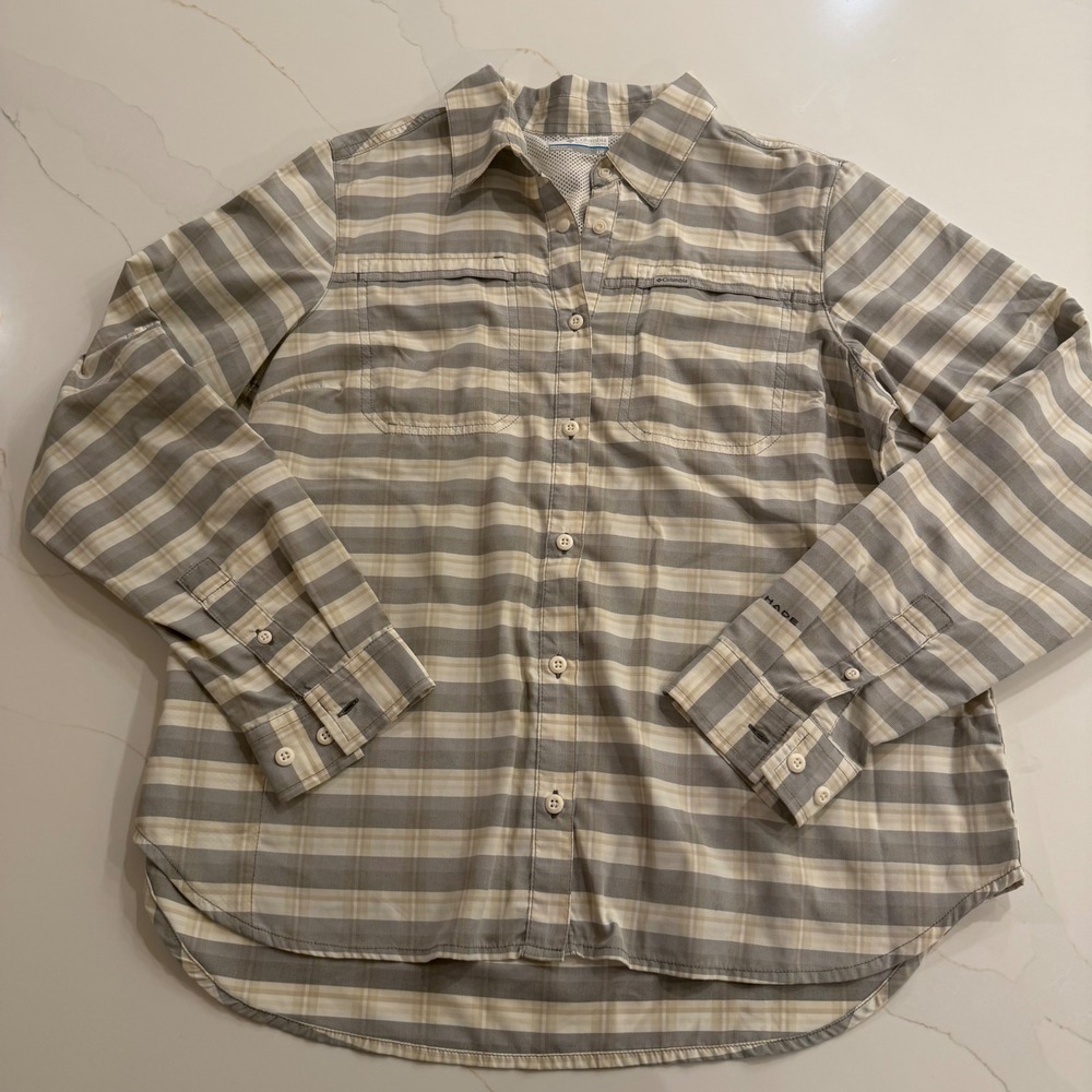 Columbia PFG Omni-Shade Plaid Long Sleeve Vented Fishing Shirt Grey Tan Large